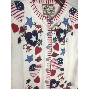 Heirloom Collectibles Patriotic Cardigan Sweater Embroidery Flags Hearts Size M